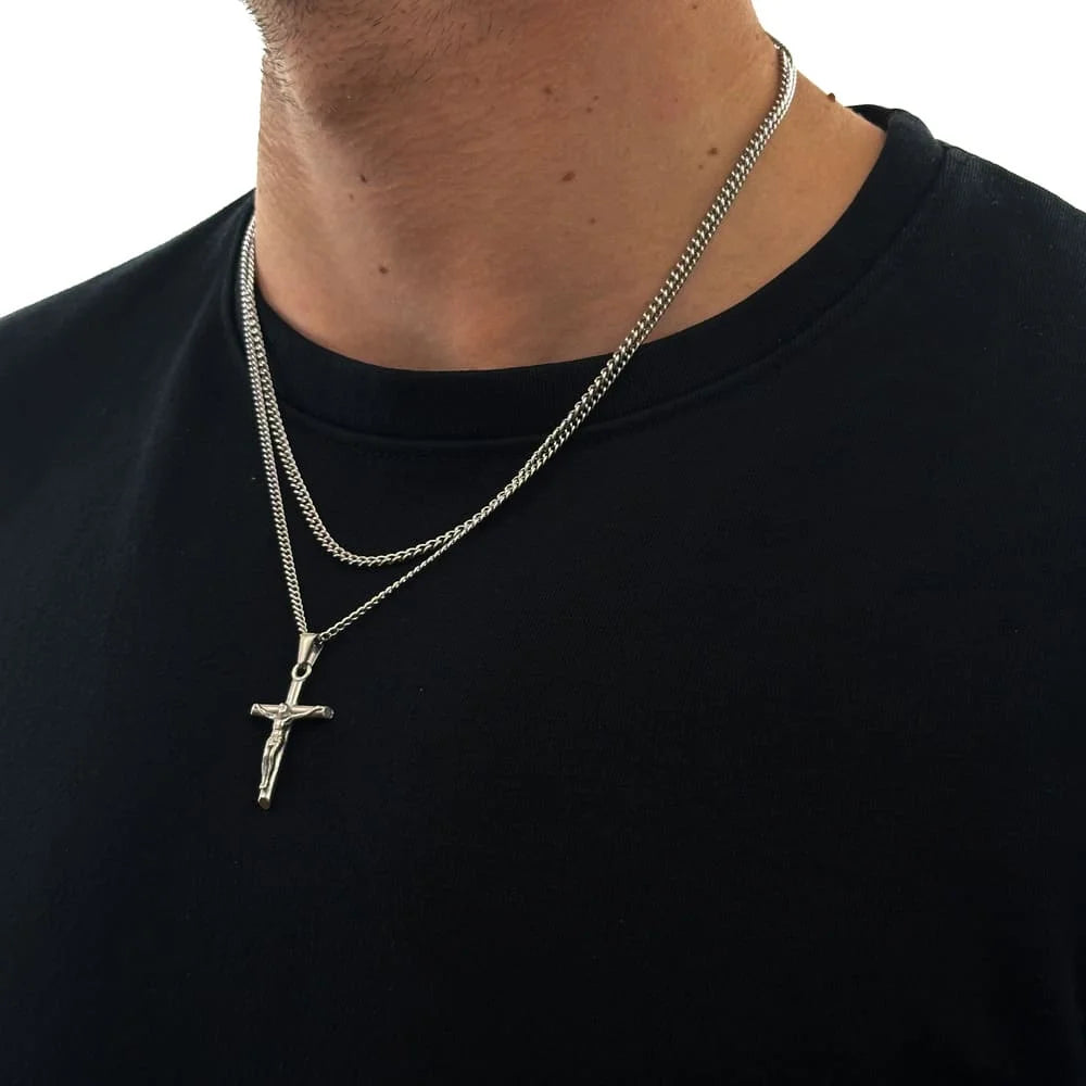 KRUZIFIX JESUS X CURB CHAIN SET (SILBER)