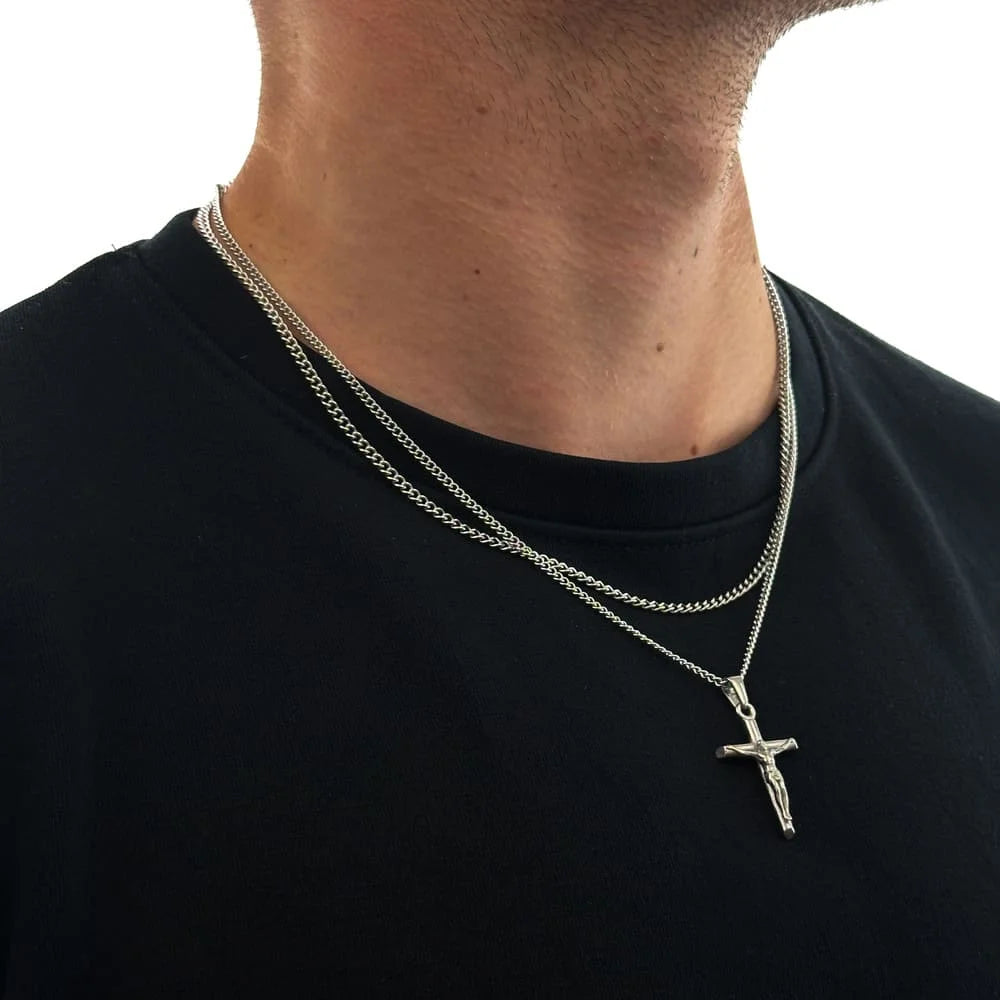 KRUZIFIX JESUS X CURB CHAIN SET (SILBER)