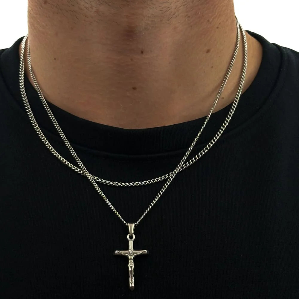 KRUZIFIX JESUS X CURB CHAIN SET (SILBER)