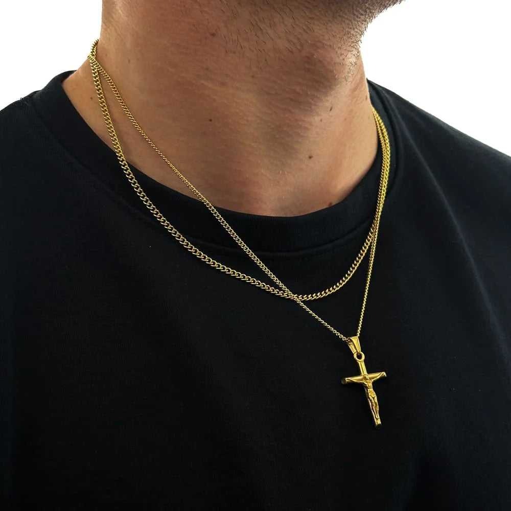 KRUZIFIX JESUS X CURB CHAIN SET (GOLD)